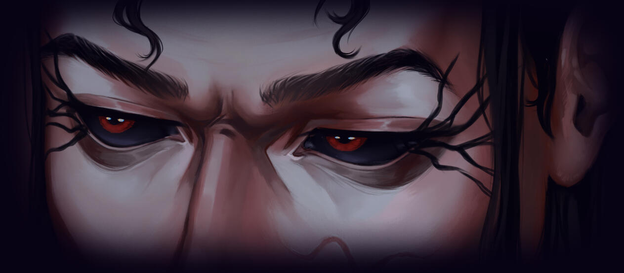 Dark cinematic eye banner with a focused gaze