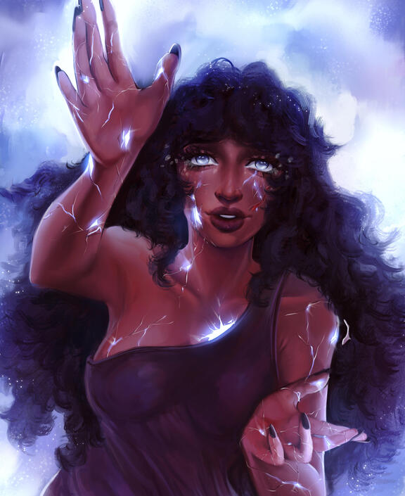Half-body fantasy character raising a hand charged with violet magic