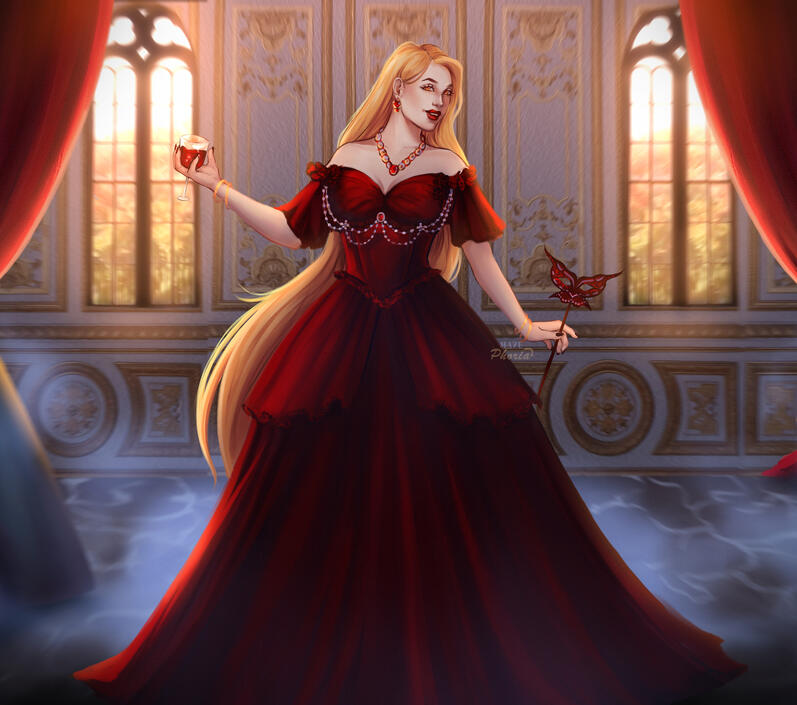 Red-gowned fantasy woman in a luminous grand hall