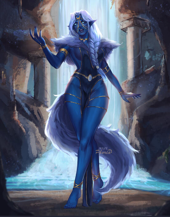 Blue fantasy elf full-body character artwork