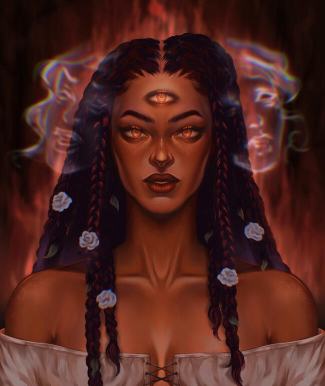 Warm dark fantasy portrait with a glowing third eye