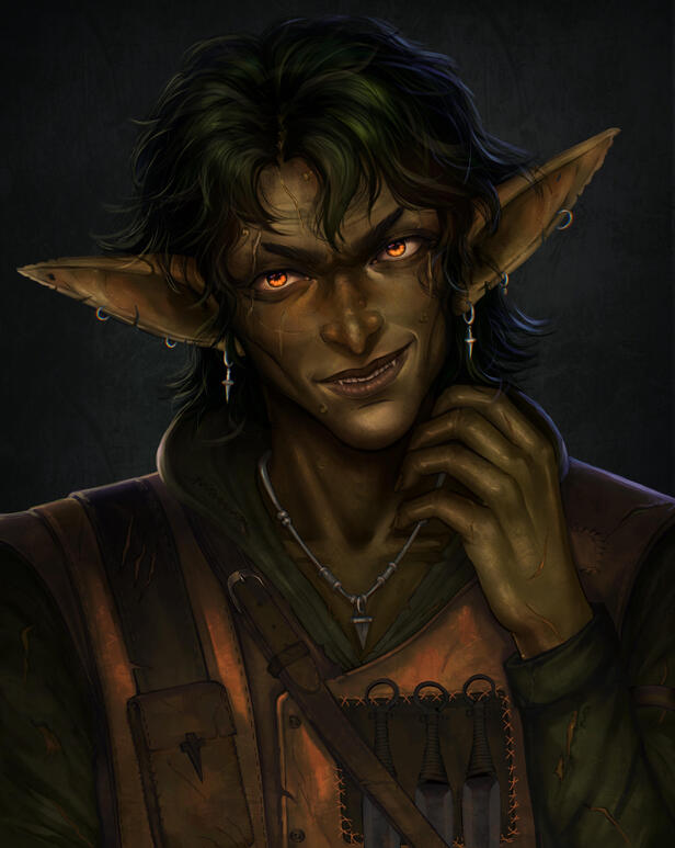 Green-skinned dark fantasy character portrait