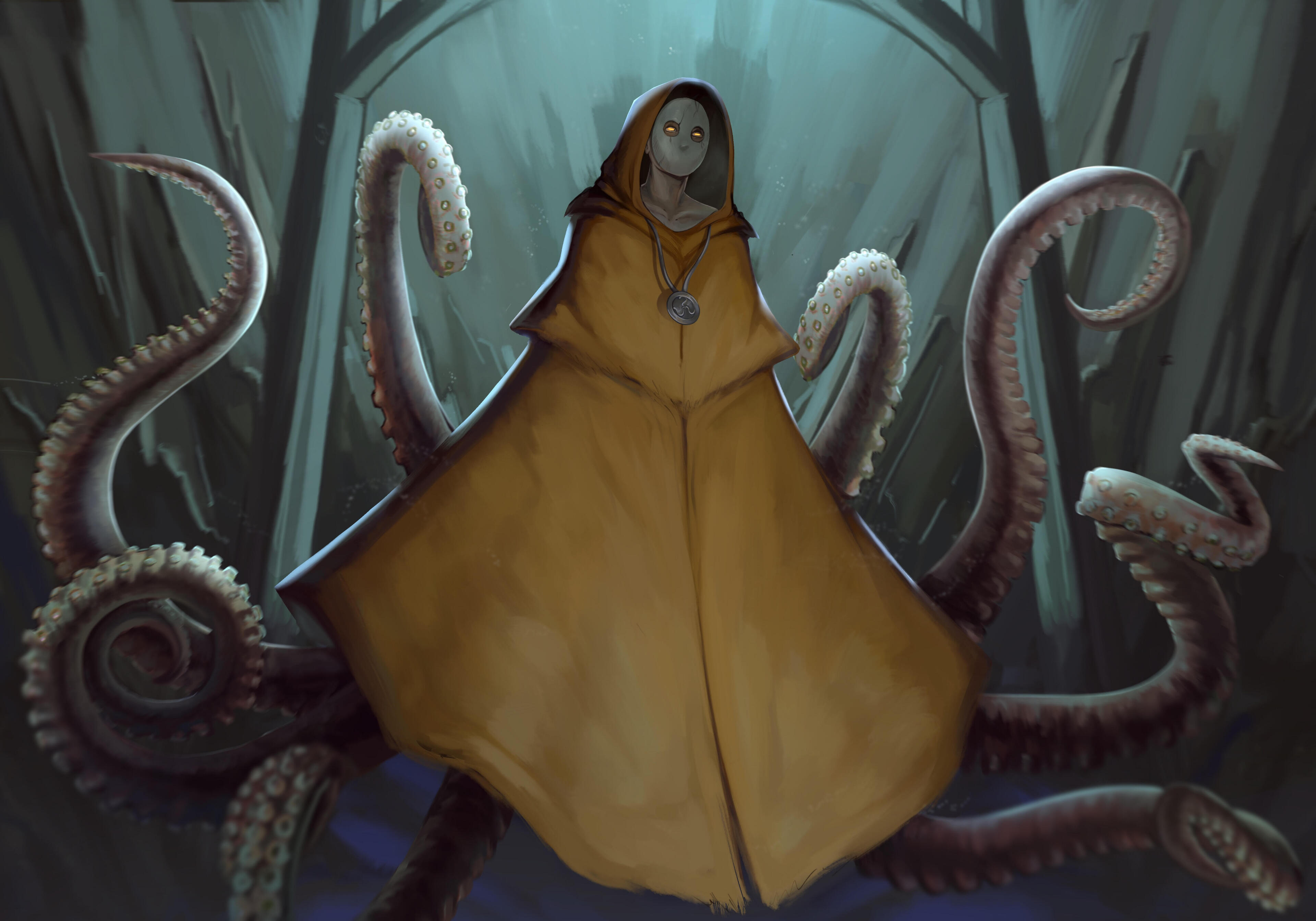A cloaked character surrounded by tentacles in a flooded cavern