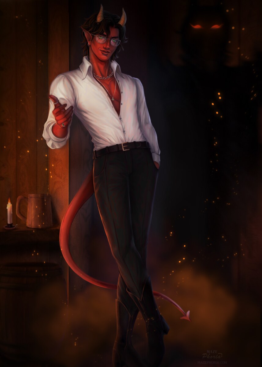 Horned red fantasy character in a white shirt offering a hand in a firelit room